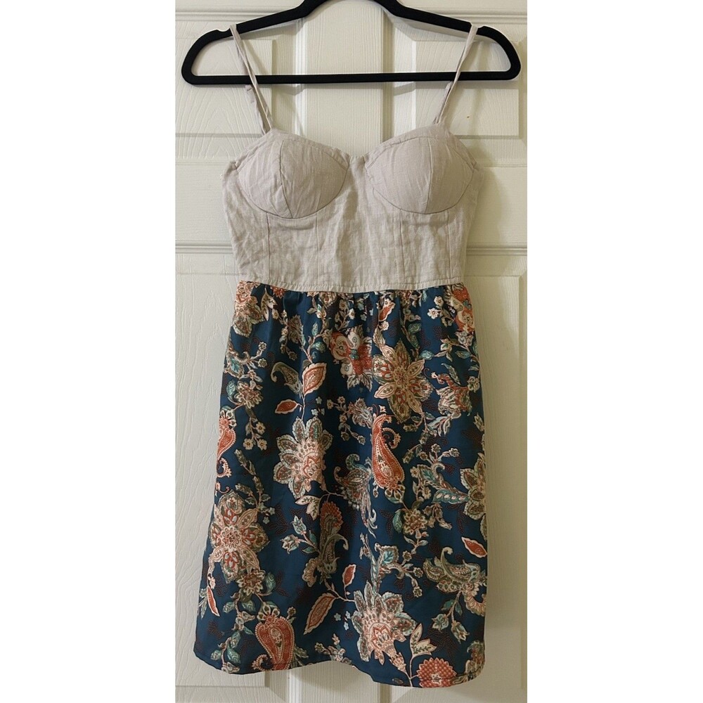 Band of the Free Bustier Dress Sz XS Linen Silky Floral Sleeveless Boho Artisan